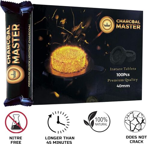 فحم سريع الإضاءة جديد من Charcoal Master - أقراص فحم فورية - أقراص فحم البخور - أقراص فحم - مجموعة من 100 قرص فحم لكل صندوق - قوالب فحم سريعة الإضاءة (كبسولة 40 مم) in Kuwait