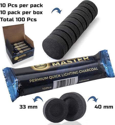 فحم سريع الإضاءة جديد من Charcoal Master - أقراص فحم فورية - أقراص فحم البخور - أقراص فحم - مجموعة من 100 قرص فحم لكل صندوق - قوالب فحم سريعة الإضاءة (كبسولة 40 مم) in Kuwait