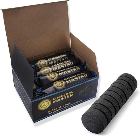 فحم سريع الإضاءة جديد من Charcoal Master - أقراص فحم فورية - أقراص فحم البخور - أقراص فحم - مجموعة من 100 قرص فحم لكل صندوق - قوالب فحم سريعة الإضاءة (كبسولة 40 مم) in Kuwait