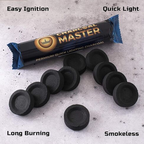 فحم سريع الإضاءة جديد من Charcoal Master - أقراص فحم فورية - أقراص فحم البخور - أقراص فحم - مجموعة من 100 قرص فحم لكل صندوق - قوالب فحم سريعة الإضاءة (كبسولة 40 مم) in Kuwait