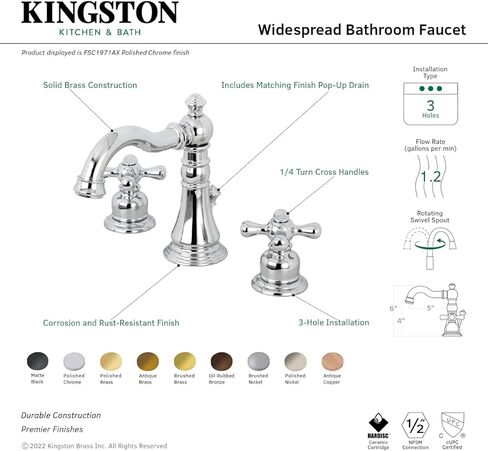 Kingston Brass FSC1972AX American Classic Widespread Bathroom Faucet, Polished Brass in Saudi Arabia