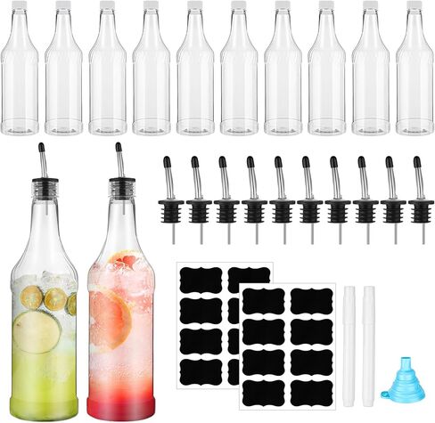 Dandat 12 Set 32 oz Plastic Long Neck Bottles with Pourer and Caps Plastic Juice Pour Bottles with Stainless Steel Bottle Pourer Tapered Spout for Liquor Juice Store Includes Funnel, Labels and Chalk in Saudi Arabia