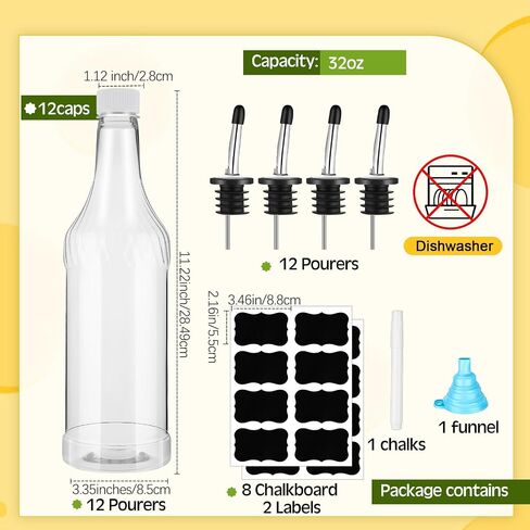 Dandat 12 Set 32 oz Plastic Long Neck Bottles with Pourer and Caps Plastic Juice Pour Bottles with Stainless Steel Bottle Pourer Tapered Spout for Liquor Juice Store Includes Funnel, Labels and Chalk in Saudi Arabia