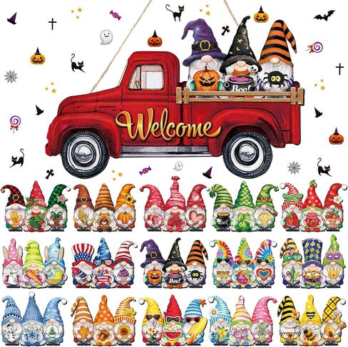 Wenqik 16 Pcs Interchangeable Welcome Sign Rustic Truck Changeable Gnomes Front Door Sign with Interchangeable Holiday Icons Seasonal Decor for Farmhouse Home Porch (Red,15.87 x 7.9 Inch) in Saudi Arabia