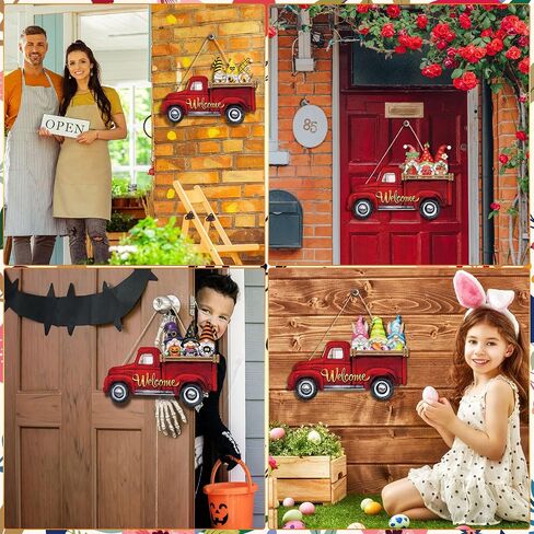 Wenqik 16 Pcs Interchangeable Welcome Sign Rustic Truck Changeable Gnomes Front Door Sign with Interchangeable Holiday Icons Seasonal Decor for Farmhouse Home Porch (Red,15.87 x 7.9 Inch) in Saudi Arabia