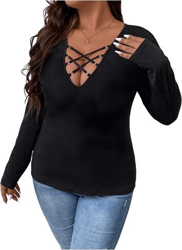 COZYEASE Women's Plus Size Crisscross Front Ring Detail Tee Deep V Neck Bodycon Shirt Top in Saudi Arabia