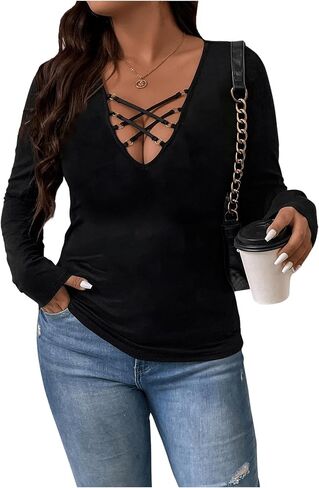 COZYEASE Women's Plus Size Crisscross Front Ring Detail Tee Deep V Neck Bodycon Shirt Top in Saudi Arabia