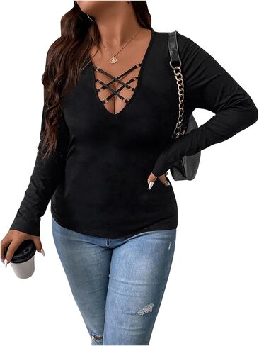 COZYEASE Women's Plus Size Crisscross Front Ring Detail Tee Deep V Neck Bodycon Shirt Top in Saudi Arabia