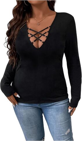 COZYEASE Women's Plus Size Crisscross Front Ring Detail Tee Deep V Neck Bodycon Shirt Top in Saudi Arabia