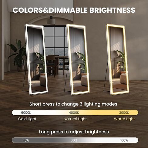 Sweetcrispy Mirror Full Length with LED Lights,60" 16" Floor Mirror Dimming & 3 Color Lighting, Large Mirror Full Length Aluminum Alloy Thin Frame for Bedroom, Dressing Room, Rectangle in Saudi Arabia