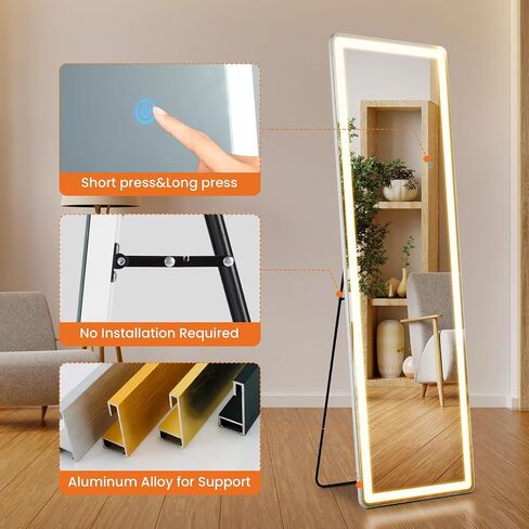 Sweetcrispy Mirror Full Length with LED Lights,60" 16" Floor Mirror Dimming & 3 Color Lighting, Large Mirror Full Length Aluminum Alloy Thin Frame for Bedroom, Dressing Room, Rectangle in Saudi Arabia