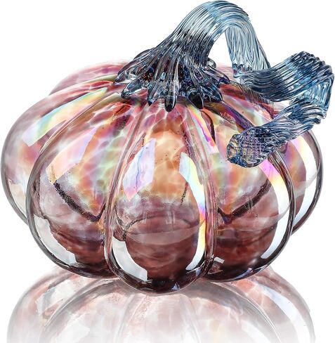 QFkris Set of 3 Hand-Blown Glass Pumpkin Collectible Figurines Art Glass Pumpkin Paperweight Tabletop Decorative Ornaments for Fall Harvest Thanksgiving Halloween Decor (Blue) in Kuwait
