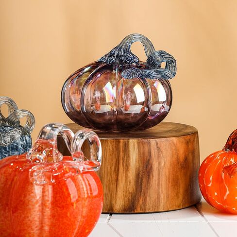 QFkris Set of 3 Hand-Blown Glass Pumpkin Collectible Figurines Art Glass Pumpkin Paperweight Tabletop Decorative Ornaments for Fall Harvest Thanksgiving Halloween Decor (Blue) in Kuwait