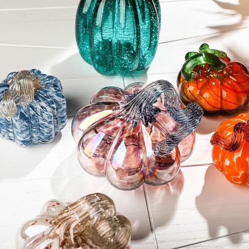 QFkris Set of 3 Hand-Blown Glass Pumpkin Collectible Figurines Art Glass Pumpkin Paperweight Tabletop Decorative Ornaments for Fall Harvest Thanksgiving Halloween Decor (Blue) in Kuwait