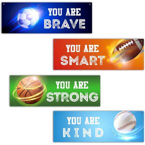 4pcs Sport Bedroom Wall Decor, Inspirational Wall Art, Boys Room Wooden Decorations, You Are Brave You Are Smart Wood Hanging Sign For Boys Room Nursery Playroom Bedroom Bathroom Decor, 28