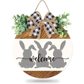 Whaline Easter Wooden Hanging Sign Easter Welcome Bunny Rabbit Welcome Sign Door Decoration with Bow Rustic Farmhouse Easter Wood Sign for Spring Holiday Birthday Home Coffee Shop Bakery Window Door