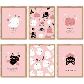 AnyDesign 6Pcs Halloween Ghost Wall Art Prints Pink Trick or Treat Bat Pumpkin Paper Posters Aesthetic Cute Wall Picture Decor for Home Gallery Living Room Bedroom, 8 x 10 Inch (Unframed)