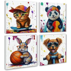 OZIGO Cartoon Animal Canvas Wall Art - Colorful Dog Cat Rabbit Panda Framed Canvas Kids Wall Art for Kids Bedroom, Nursery Wall Decor - Premium Quality Framed Artwork - 12'' x 12'' x4 Pieces Nursery Decor, Wall Art Bedroom, Boys Room Decor, Kids Room Deco in Saudi Arabia