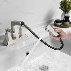 MIAOHUI Matte Black Bathroom Sink Faucet 3 Hole, Double Handle 4 Inch Centerset Bathroom Faucet with Sprayer, Bathroom Pull Out Faucet, Lavatory Faucet
