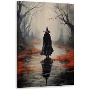 JsGwyllion Vintage Country Witch Poster Halloween Canvas Wall Art Witch in the Forest Painting Print Gothic Dark Gloomy Wall Decor for Living Room Bedroom16x24in Unframed