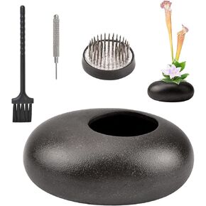 WANDIC Large Size Ceramic Flower Arrangement Supplies, Black Pebble Ceramic Planter Pot & 4cm Floral Frog for Ikebana Pottery Vase Flower Arranging