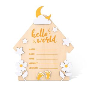 Newborn Birth Announcement Board, Large 7 Inch Hello World Newborn Sign for New Born Baby Wooden Baby Announcement Plaque Hospital Home Record Board for Baby Gift