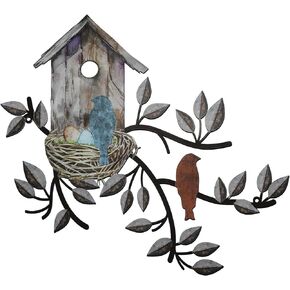 Peryiter Birds Wall Decor Metal Bird Decor for Wall Outdoor Bird Wall Art Hanging Metal Tree with Birdhouse for Living Room Metal Tree Leaf Wall Decor for Indoor Outdoor Garden (Brown)