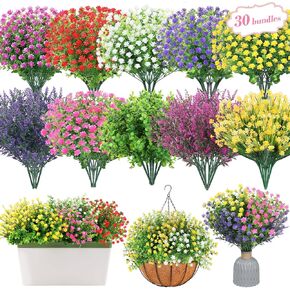 30 Bundles Artificial Fake Plants Flowers for Outdoors Patio Front Porch Wedding Home Decor, Realistic Colorful Fall Faux Flowers Eucalyptus Plants UV Resistant No Fade Waterproof (7 Colors)