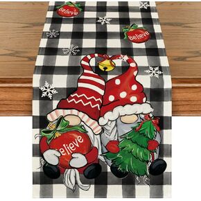 Artoid Mode Buffalo Plaid Gnome Bell Xmas Tree Christmas Table Runner, Seasonal Winter Kitchen Dining Table Decoration for Home Party Decor 13x72 Inch