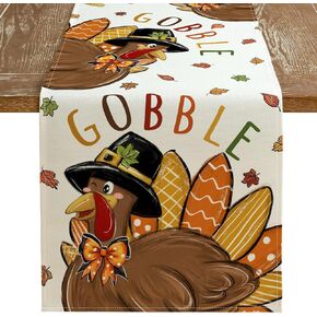 ARKENY Fall Thanksgiving Turkey Table Runner 13x72 Inches, Gobble Beige Holiday Indoor Outdoor Table Decoration for Home
