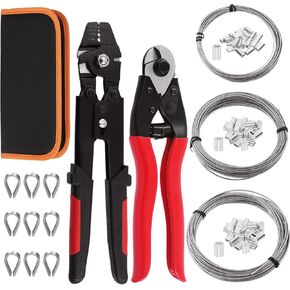 Swpeet 165Pcs Profession Up To 2.2mm Wire Rope Crimping Tool and Cable Cutter, Aluminum Double Crimping Loop Sleeve with Stainless Steel Thimble and 3 Sizes Wire Rope Assortment Kit for Wire Crimping