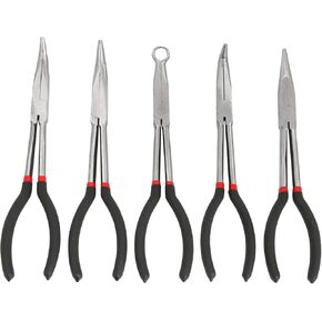 Amarine Made Long Needle Nose Pliers Set 11-inch Pliers 5-piece Set Nipper Bent Nose, Duckbill Pliers,End Cutting, Diagonal, Plug Cable Puller Reach Flat,45,90 Degree Angle, Straight,Curved Pliers