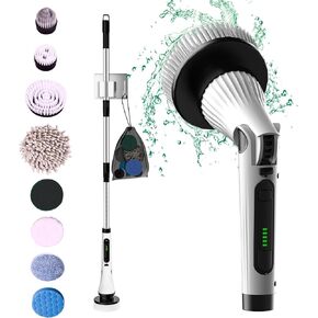 Electric Spin Scrubber, Cordless Cleaning Brush, Shower Cleaning Brush with 9 Brush Heads 2H Power Dual Speed, Adjustable Extension Handle, IPX7 Waterproof for Tub Tile Floor Car, White.