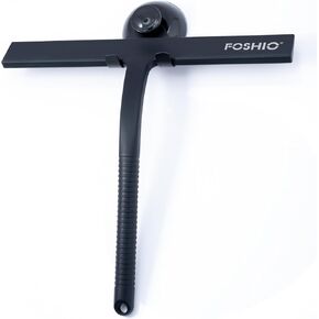 FOSHIO Shower Squeegee for Glass Doors with Suction Cup, Silicone Squeegee for Window Cleaning, Small Squeegee for Shower Glass Door, Window Squeegee with Stainless Steel Non-Slip Handle (Black)