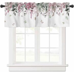 Curtain Valance 54" x 18", Pink-Green Eucalyptus Leaves Window Valances Rod Pocket Curtains Drapes, Spring Botanical Watercolors Short Topper Curtain for Kitchen Cafe Living Room, 1 Panel