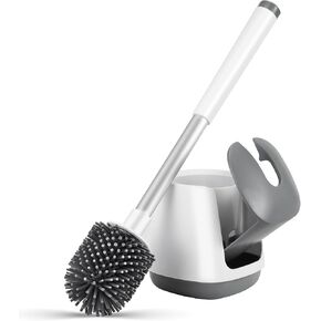 Toilet Brush and Holder, Silicone Toilet Bowl Brush with Automatic Holder, Toilet Cleaner Brush for Bathroom Cleaning, Floor Standing & Wall Mounted, White