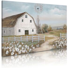 Pictures of Barns Prints Wall Canvas Old Rustic Bedroom Windmill Wall Decor Farmhouse Barn Pictures wall Art Blue sky and White Floral Retro Paintings (24"x 16"x 1panel)…