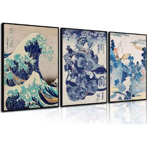 3Pcs Japanese Wall Art Great Wave Hokusai Canvas Pictures Kanagawa Paintings Blue Asian Landscape Posters Prints for Room Office Bathroom Home Wall Decor Gifts for Japan Lovers Unframed