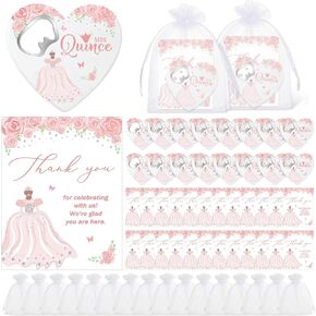 Maxcheck 25 Set Quinceanera Party Favor Gifts for Guests Rose Heart Shaped Bottle Opener Sweet 15 Fridge Magnet Thank You Card Quinceanera Party Guest Gift Souvenir for Girls 15 Years Birthday (Pink)