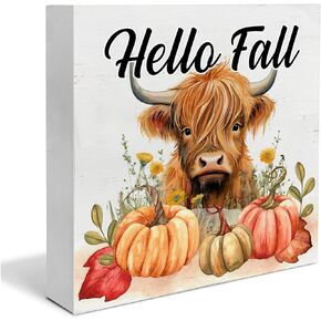 Fall Wooden Box Sign Home Decor Fall and Football Square Wood Sign Desk Decoration Autumn Pumpkins Football Wood Block Plaque Box Sign for Shelf Home 5 x 5 Inches
