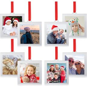 UNIQOOO 8 Set Christmas Acrylic Silver Photo Frame Ornaments for Display Picture, 2.5 x 2.5 inch Festive Hanging Decoration, Double-Sided Picture Frames for Holiday Season, Home, Party, Tree Decorations