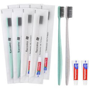 Disposable Toothbrushes with Toothpaste,60 Pack Individually Wrapped Disposable Travel Toothbrushes Kit in Bulk for Homeless,Nursing Home,Hotel,Charity (Apricot+Green)