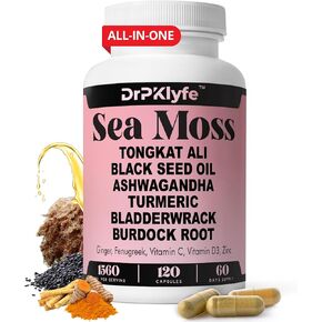 Sea Moss 3000mg Black Seed Oil 2000mg Ashwagandha 2000mg Ginger, Turmeric, Bladderwrack, Burdock Root & More - All in One Supplement 120 Vegan Capsules