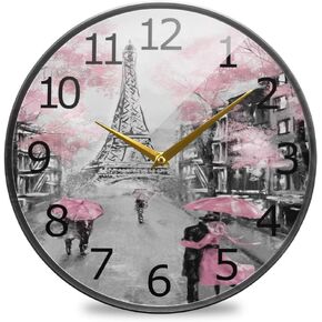 ALAZA Paris Eiffel Tower Couple Pink Floral Acrylic Painted Silent Non-Ticking Round Wall Clock, 9.5 Inch Battery Operated Quiet Desk Clock Home Art Bedroom Living Dorm Room Office School Decor