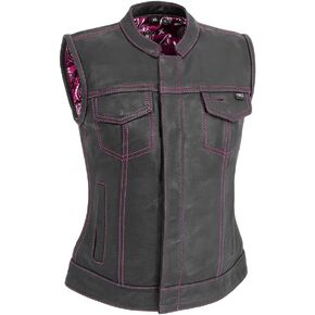 First Mfg Co Jessica Womens Motorcycle Biker Riding Leather, Mesh, Perforated Armor Biker Vest for Women with Contrast Stitch