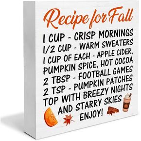 Fall Sign Recipe for Fall Wooden Sign Farmhouse Autumn Home Kitchen Decor for Desk Table Shelf Tabletop, 5 x 5 Inches
