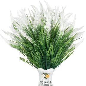 10 Bundles Artificial Plants, No Fade Fake Flower for Outdoor Indoor, Faux Plastic Greenery UV Resistant for Home Garden Porch Window Box Decor, White