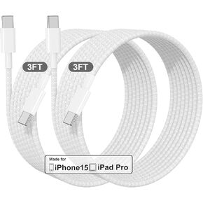 Cabepow 60 واط USB C إلى USB C كابل 3 أقدام 2 حزمة، قصير 3 أقدام مضفر iPhone 15 شاحن سلك 3 أقدام من النوع C إلى النوع C كابل شحن سريع لـ Apple iPhone 15,15 Pro Max، 15 Plus، MacBook Air/Pro، iPad Pro