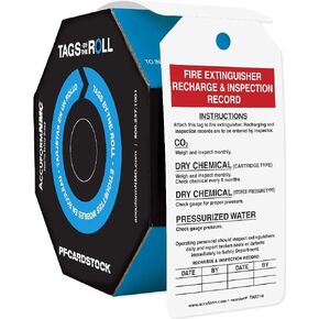 Accuform Signs TAR710 Tags By-The-Roll Fire Extinguisher Tags, Legend "FIRE EXTINGUISHER RECHARGE & INSPECTION RECORD", 6.25" Length x 3" Width x 0.010" Thickness, PF-Cardstock, Red/Black on White (Roll of 100)