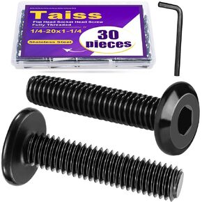 Taiss 30pcs 1/4-20 x 1-1/4" Flat Head Socket Head Screw Furniture Bolts Stainless Steel 18-8(304),Black Zinc Plated Fully Threaded, Countersunk Connector Screws with Hex Spanner